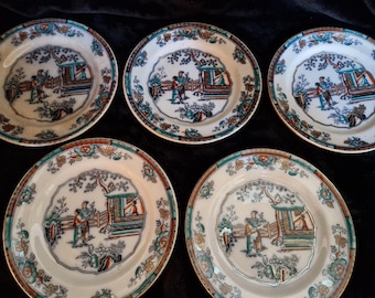 Set of 5 antique earthenware plates with Chinese decor – 19th century – 18 cm plates