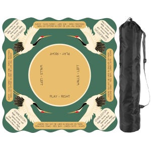 May include: A square green Mahjong mat with scalloped edges featuring four white crane illustrations in the corners. The center has a tan circle with text including PLAY, RIGHT, WALLS, LEFT. Includes a black drawstring carrying bag with a strap.