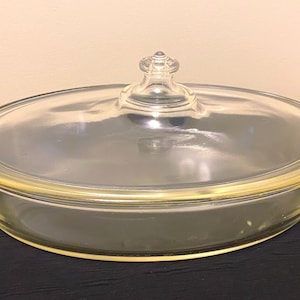 Vintage 1915-1919 PYREX Oval Casserole/Baking Dish z pokrywką! Żółte szkło żaroodporne! 12 x 8 3/4 x 2 1/2 i 4 1/2 wysokości do punktu pokrywki