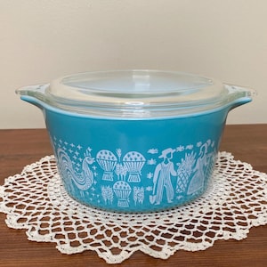 Vintage PYREX-boterafdruk blauw met wit design 1QT schaal met deksel | Gemaakt in de VS, kookgerei uit het midden van de eeuw, keukengerei voor verzamelaars