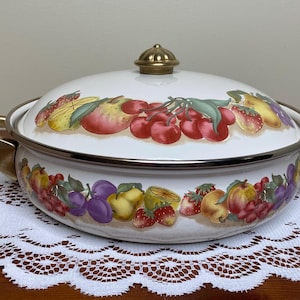 Vintage Lincoware Enameled Dutch Oven with Lid and Brass Handles - Fruit Design  | Mid-Century Modern |Vintage Cookware