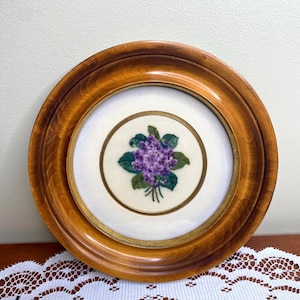 Vintage Circular Framed Petit Point Needlepoint Purple Flower Boquette Art | Antique Petit Point | Vintage Home Decor