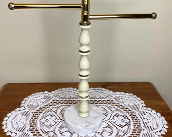 Vintage Adjustable 3 Arm Jewelry, Towel Rack and Accessories Stand | White Marble Base with Gold Details | Vanity Décor