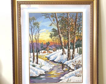 Vintage “Winter Sunset” Framed Needlepoint Art - Handcrafted Needlepoint Art - Vintage Wall Art - Cottage / Cabin Decor