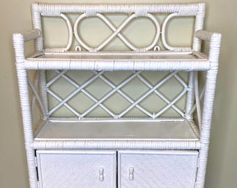Vintage Wicker Rattan Wall Hanging or Standing Shelf with Opening Cabinet Doors | Vintage Home Storage | Rustic Farmhouse Decor
