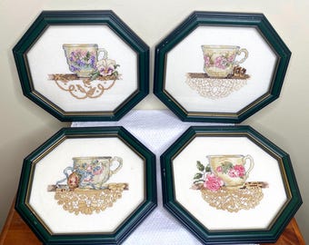 Vintage Set of 4 Wood Framed Wall Hanging Cross Stitch Tea Cup Pictures – Elegant Antique Cross Stitch Art | Vintage Home Décor
