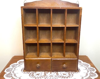 Vintage Wooden Trinket Shelf with 12 Small Slots & 2 Drawers | Antique Mid-Century Collectibles Shelf | Farmhouse Country Cottage Decor