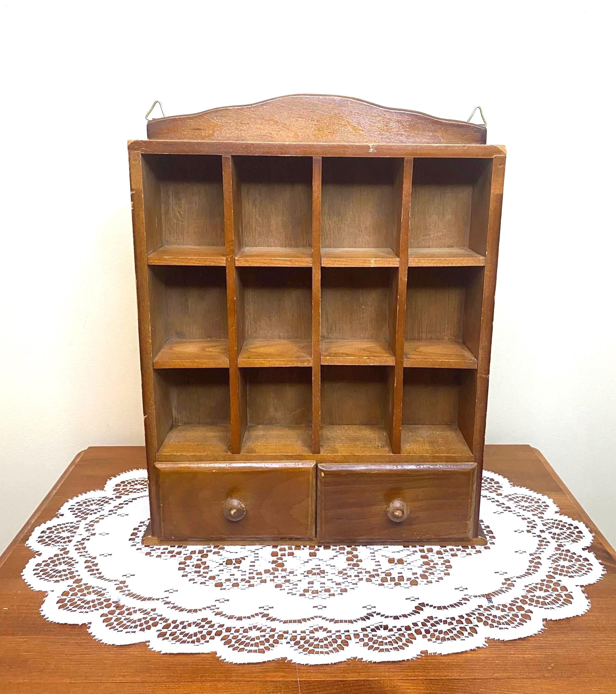 Vintage Wooden Trinket Shelf With 12 Small Slots & 2 Drawers 