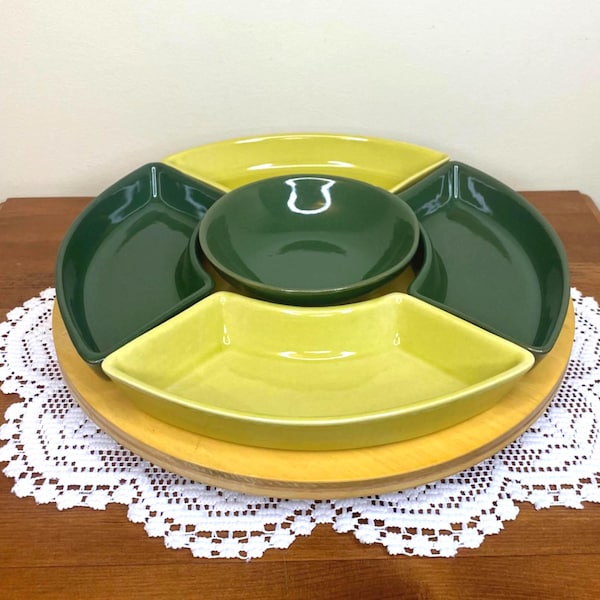 Juego de aperitivos vintage con patatas fritas y salsa en bandeja giratoria / Bandeja de aperitivos retro / Juego de servir para fiestas de mediados de siglo / Bandeja para entretener