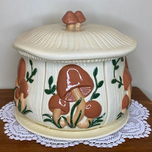 Vintage Large Ceramic Merry Mushroom Divided Canister Storage Set | Retro Kitchenware | 1970s Kitchen Nostalgia
