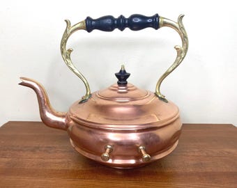 Vintage Antique Copper Tea Pot with Brass Details and Wood Handle | Rare Mid-Century Copperware | Unique Collectible Kitchen Decor