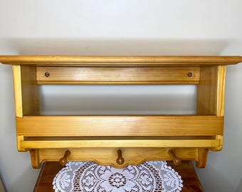 Vintage Wooden Wall Shelf with 3 Coat Hooks | Rustic Country Cottage and Cabin Decor | Vintage Mid-Century Modern Style
