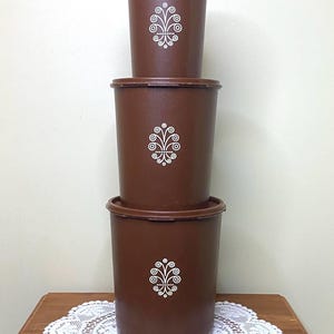 Vintage Tupperware Brown with White Design Canister Set of 3 | Retro Kitchen Canisters | Mid Century Modern Kitchen Storage