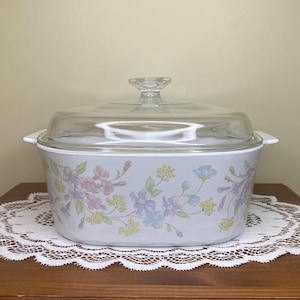 Plat de cuisson « Bouquet pastel » vintage Corningware 5 L avec couvercle en Pyrex - Batterie de cuisine design floral - ustensiles de cuisine vintage pour préparer et servir