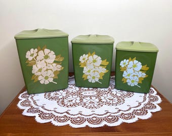 Vintage grünes Kunststoff-Behälter-Set mit Retro-Blumenmuster - Mid Century Modern Küchenaufbewahrung