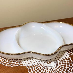 Vintage Fire King Gold Rimmed Milk Glass Split Serving Dish | Oven Ware, Made in USA