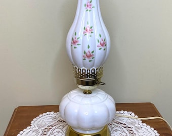 Vintage White Milk Glass Floral Design Hurricane Lamp | Antique Home Decor | Vintage Farmhouse Style Lighting