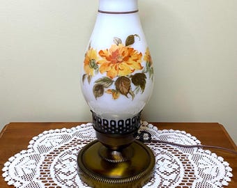 Vintage Milk Glass Lamp, Large Floral Milkglss Lamp, Wood Base Mid
