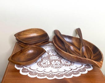 Vintage Teak Bowl Set & Serving Utensils – Retro Kitchenware | Mid-Century Modern Boho Dining Set