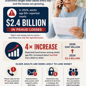 May include: An informational infographic titled Senior Scams Are on the Rise, detailing fraud statistics for adults aged 60+. It features a person on a phone, charts showing a 4x increase in losses to $2.4 billion, and tips on avoiding phone and impersonator scams.
