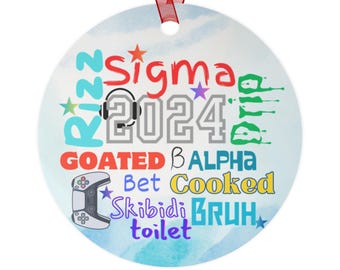Metal Ornaments, 2024 Gamer Funny Slang Ornament, Rizz Sigma Bet Cooked Hosted Drip Gamer Controller Headset,