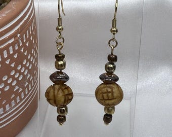 REIMAGINED Tones of Tan Glass & Wooden Bead Dangling Earrings - C