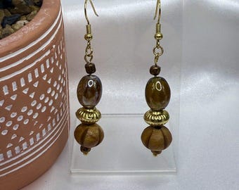 REIMAGINED Tones of Tan Iridescent Glass & Wooden Bead Dangling Earring - D