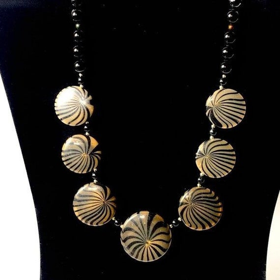 VINTAGE Black Gold Stripe Cabochon Necklace - image 6