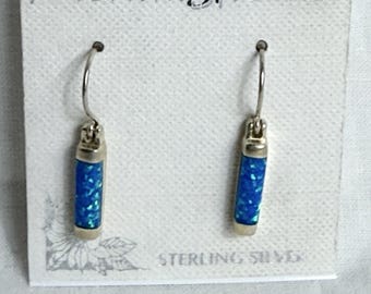 Vintage Morningflower Sterling Silver Blue Fire Opal Inlay Dangle Earrings