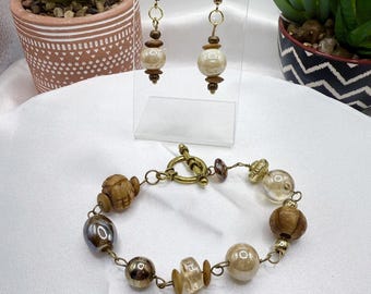 REIMAGINED Tones of Tan Bracelet & Earrings Set - Iridescent Glass Beads