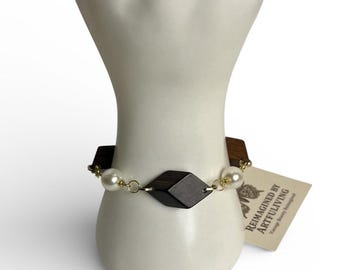 REIMAGINED Wood & Faux Pearl Bracelet Gold Tone Toggle Handmade Artisan