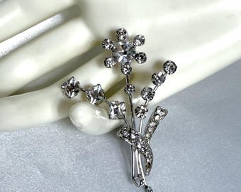Vintage Rhinestone Floral Brooch 2.5” – Silver Tone Bouquet Pin, Mid-Century