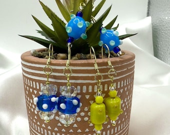 3 Sets REIMAGINED Venetian Lampwork Glass Bead Dangle Earrings 18K GP 925 Silver