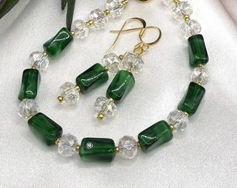 REIMAGINED Green Glass and Crystal Bead Bracelet Earring Set