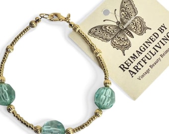 REIMAGINED Gold Tone & Aqua Faceted Glass Bead Bracelet Handmade New