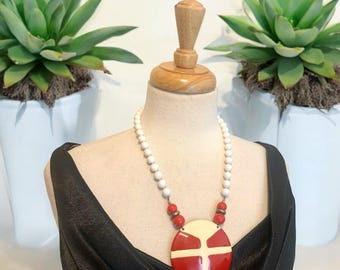 Vintage Red Cream Enameled Medallion 23" Necklace