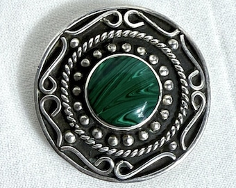 Natural Mexico Malachite Marked Silver Vintage Brooch - Signed TL-92