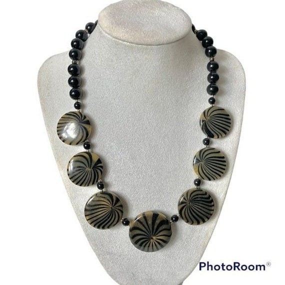 VINTAGE Black Gold Stripe Cabochon Necklace - image 1