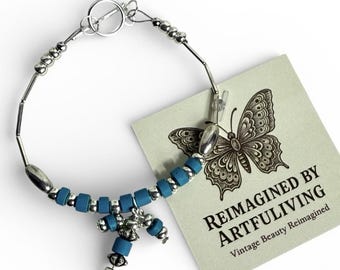 REIMAGINED Faux Turquoise & Silver Tone Southwest Charm Bracelet 6.75”