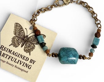 REIMAGINED Boho Bracelet Glass Wood Faux Turquoise Beads 7"