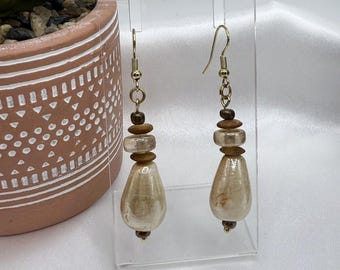 REIMAGINED Tones of Tan Iridescent Ceramic Dangling Earrings - A