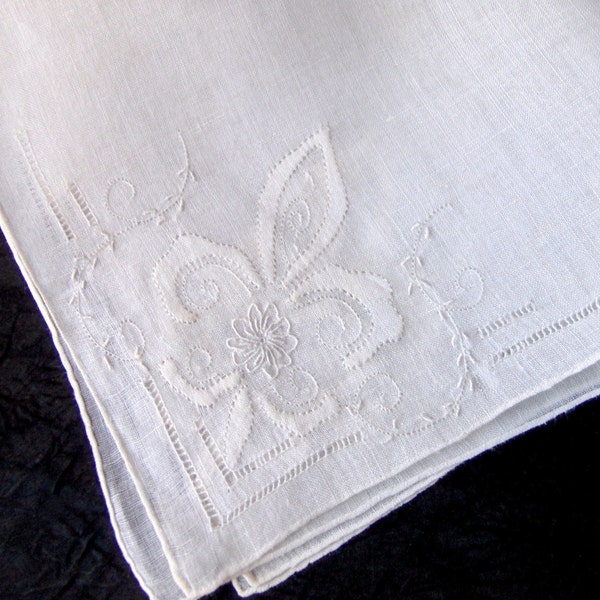Vintage Handkerchief B3- White on White Applique Embroidery and Drawn Threadwork - 12x12