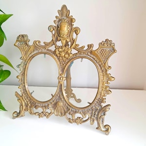 Brass Double Photo Frame – Ornate Tabletop Frame with Stand