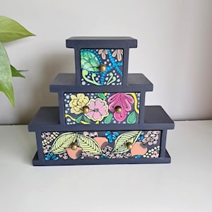 Wooden Decorative Tiered Miniature Chest of Drawers, Jewellery Box – Floral Design – Upcycled Trinket Box.