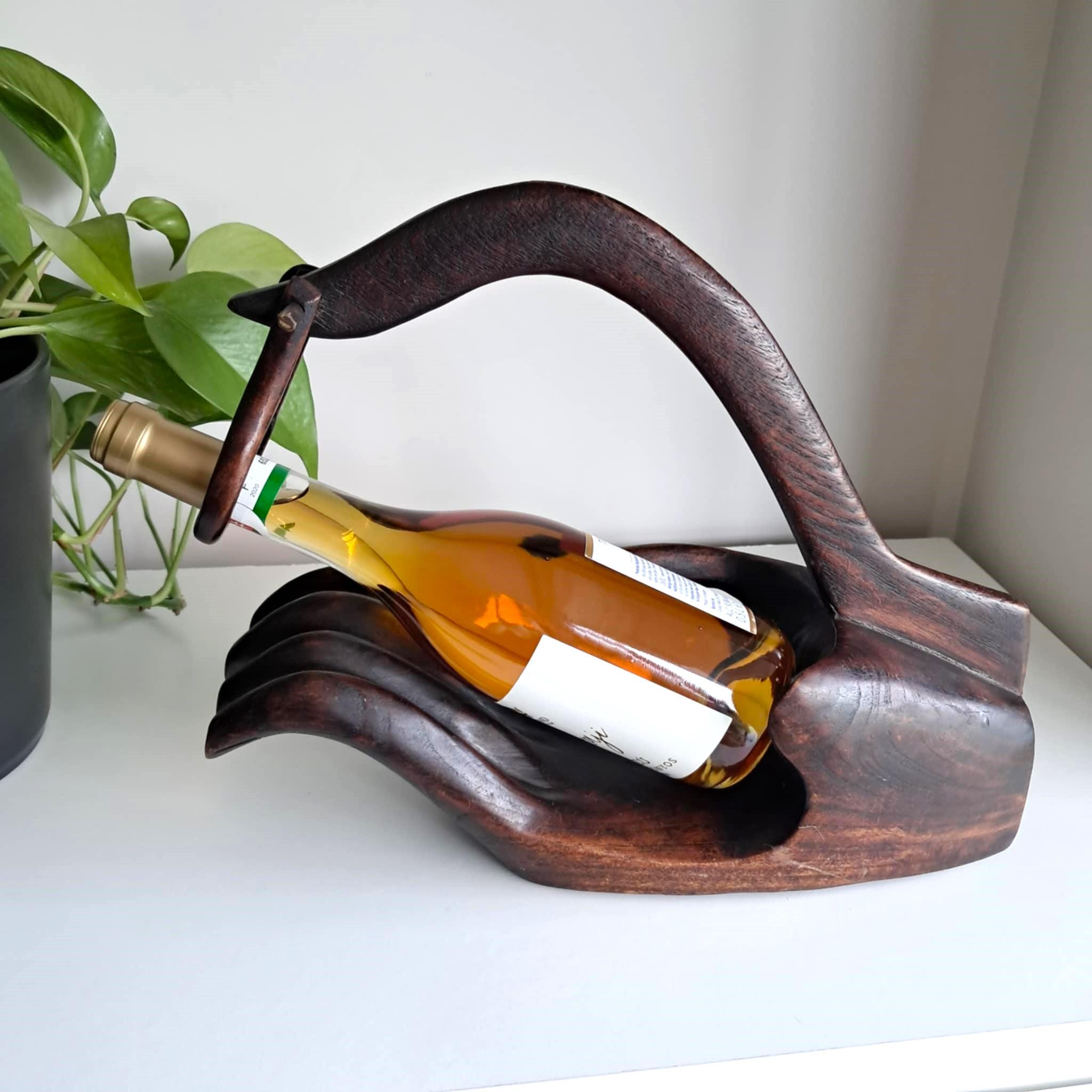 Hand Shaped Wooden Wine Bottle Holder – Hand Carved Dark Wood