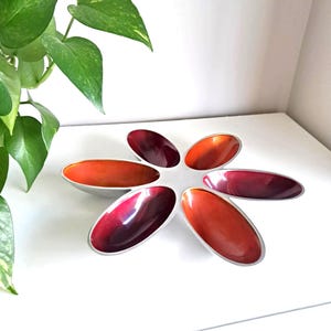 May include: A flower-shaped serving dish with six oval bowls. The bowls have a metallic silver rim and a gradient of colours, ranging from deep red to orange. The arrangement is on a white surface.