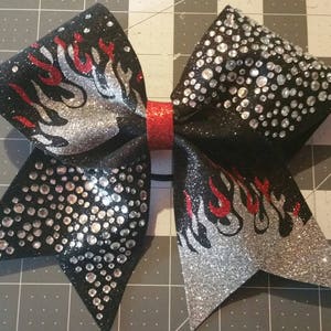 You Choose Glitter Colors / Flames Fire Super Dense Rhinestone Custom Design Cheer Bow