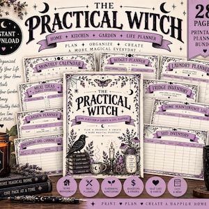 May include: A 28-page printable planner bundle titled The Practical Witch, featuring purple and black illustrations of a crow, candles, and plants. The set includes various organisational sheets like a monthly calendar, budget, and garden planner.