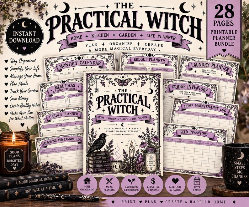 May include: A 28-page printable planner bundle titled The Practical Witch, featuring purple and black illustrations of a crow, candles, and plants. The set includes various organisational sheets like a monthly calendar, budget, and garden planner.