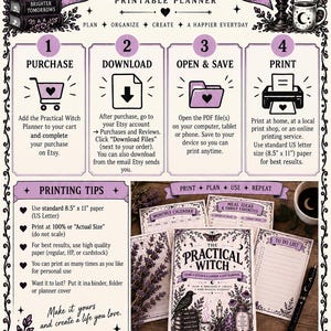May include: A digital instruction sheet for a Practical Witch printable planner, featuring four steps for purchase, download, saving, and printing. The layout includes lavender-coloured borders, a black cat, crystals, and a planner cover image.